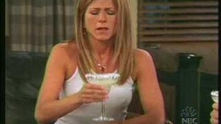 Jennifer Aniston leaning back in slow motion after drinking a margarita while wearing a white top with no bra and hard nipples from Friends