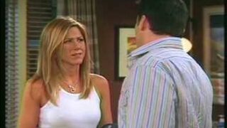 Jennifer Aniston wearing a tight white tanktop with hard nipples as she talks with a guy from Friends